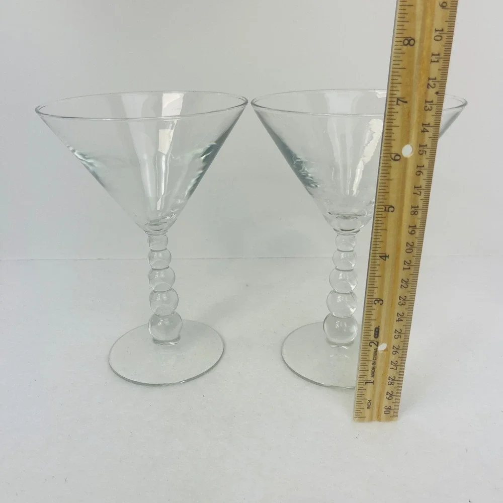Set of 2 Clear Martini Glasses Stacked Ball Bubble Stem Cocktail Barware 7.25in